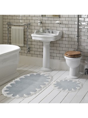 Alanur Home Zara Oval Kaymaz Taban Yıkanabilir 2'li Banyo Paspas Seti Klozet Takımı (65 x 115 - 55 x 65 ) Gri