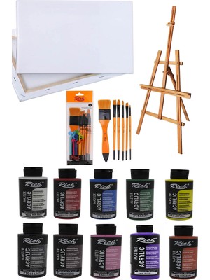 Rich Sanatsal Boya Seti – 175 cm Kayın Ahşap Şövale, 6'lı Fırça, 10'lu Akrilik Boya ve 50x70 cm Tuval