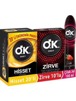 Okey Prezervatif Hisset 20'li + Zirve 10'lu + Çilek  Jel 100 ml