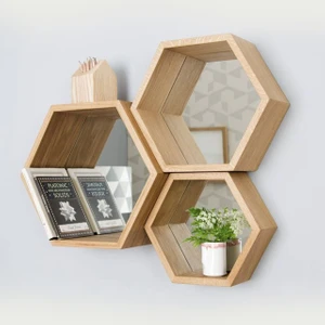 Wooden City Ahşap Doğal Ham Dekoratif Altıgen Raf 3'lü Set