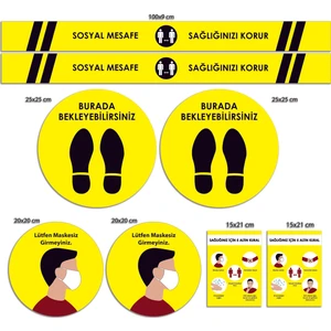 Sosyal Mesafe Uyarı Sticker Seti Sarı