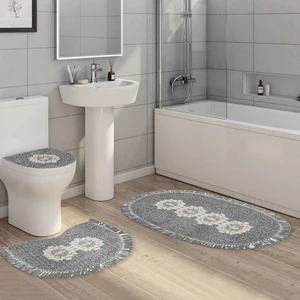 Alanur Home Queen Oval Nakışlı Kaymaz Yıkanabilir 3'lü Paspas Seti Klozet Takımı Antrasit