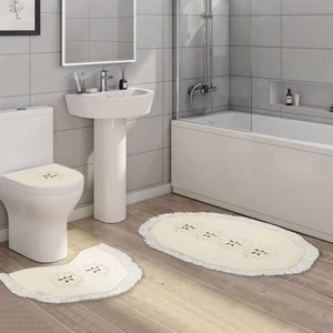 Alanur Home Queen Şekilli Nakışlı Kaymaz Yıkanabilir 3'lü Paspas Seti Klozet Takımı Krem