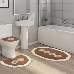 Alanur Home Queen Şekilli Nakışlı Kaymaz Yıkanabilir 3'lü Paspas Seti Klozet Takımı Kahve