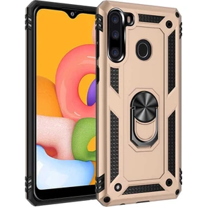 Samsung Galaxy A21 Kılıf Tank Koruma Vega Standlı Yüzüklü Mıknatıslı Gold