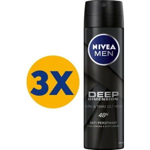 NIVEA Men Erkek Sprey Deodorant Deep Dimension 48 Saat Anti-perspirant Koruma 150ml x3 Adet