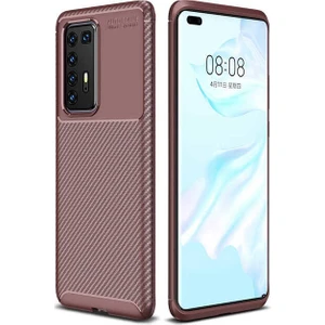 Tekno Grup Huawei P40 Pro Kılıf Karbon Desenli Lux Negro Silikon + Tam Kaplayan 6D Polymer Nano Ekran Koruyucu Kahverengi