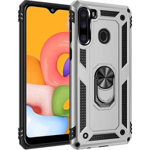 Tekno Grup Samsung Galaxy A21 Kılıf Çift Katmanlı Yüzüklü Manyetik Vega Kapak Gümüş