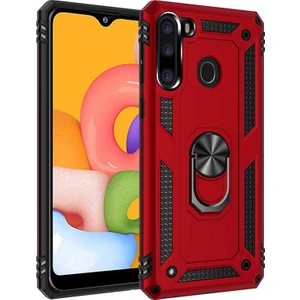 Tekno Grup Samsung Galaxy A21 Kılıf Çift Katmanlı Yüzüklü Manyetik Vega Kapak Kırmızı