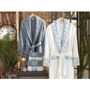 Dantela Vita  Pamuk 6 Parça Aile Bornoz Seti - Diana Krem/mavi