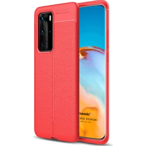 Huawei P40 Pro Kılıf Deri Dokulu Silikon Kırmızı