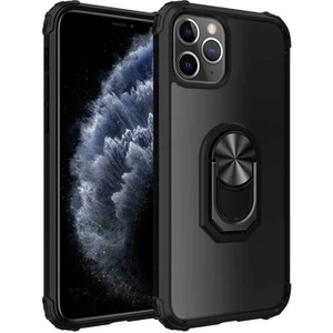 Tekno Grup Apple iPhone 11 Pro Max (6.5'') Kılıf Ultra Korumalı Yüzüklü Standlı Mola Kapak + Cam Ekran Koruyucu Siyah