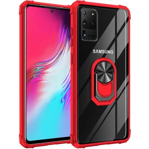 Tekno Grup Samsung Galaxy S20 Ultra Kılıf Ultra Korumalı Yüzüklü Standlı Mola Kapak + Tam Kaplayan 3D Cam Ekran Koruyucu Kırmızı