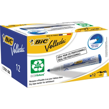 Bic Velleda 1701 Eco Yuvarlak Uçlu Beyaz Tahta Kalemi, Mavi 12'li