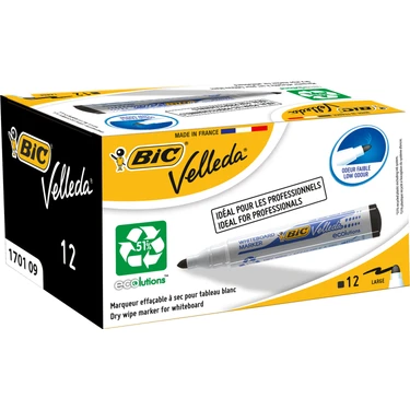 Bic Velleda 1701 Eco Yuvarlak Uçlu Beyaz Tahta Kalemi, Siyah 12'li