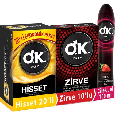 Okey O.K. 20'li Hisset ve 10'lu Zirve Prezervatif Seti Çilek Jel 100 ml Aroma ile Ekonomik