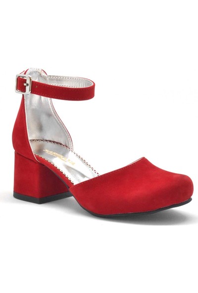 Sarıkaya Kırmızı Süet Kalın Topuklu Kız Çocuk Topuklu Ayakkabı