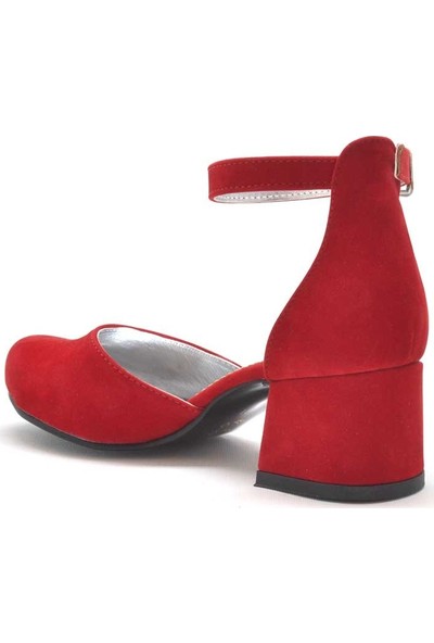 Sarıkaya Kırmızı Süet Kalın Topuklu Kız Çocuk Topuklu Ayakkabı