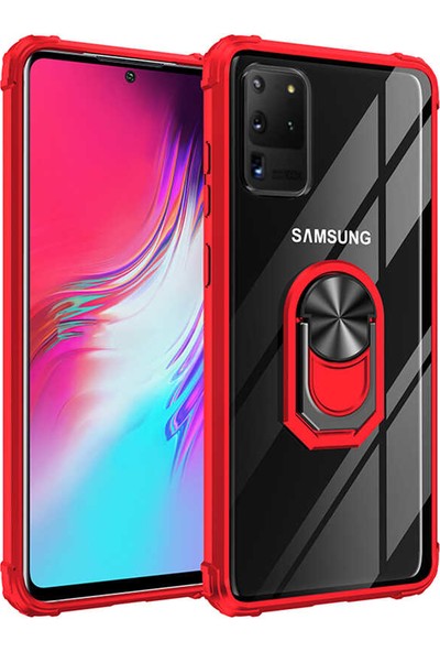 Tekno Grup Samsung Galaxy S20 Ultra Kılıf Ultra Korumalı Yüzüklü Standlı Mola Kapak + Tam Kaplayan 6D Polymer Nano Ekran Koruyucu Kırmızı