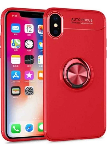 Case 4U Apple iPhone X-XS Kılıf Autofocus Shockprof Ravel Yüzüklü Standlı Slikon Kapak Kırmızı