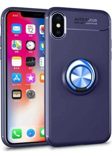 Case 4U Apple iPhone X-XS Kılıf Autofocus Shockprof Ravel Yüzüklü Standlı Slikon Kapak Mavi