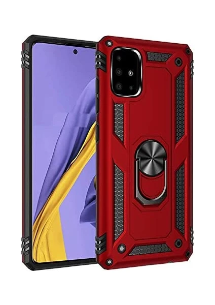 Case 4U Samsung Galaxy A51 Uyumlu Kılıf Çift Katmanlı Yüzüklü Manyetik Vega Kapak Kırmızı