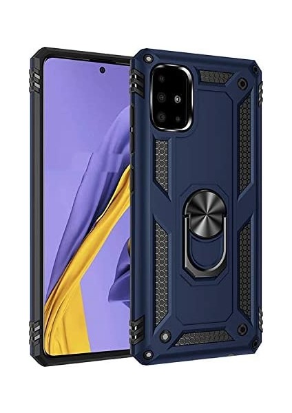 Samsung Galaxy A51 Uyumlu Kılıf Çift Katmanlı Yüzüklü Manyetik Vega Kapak Lacivert