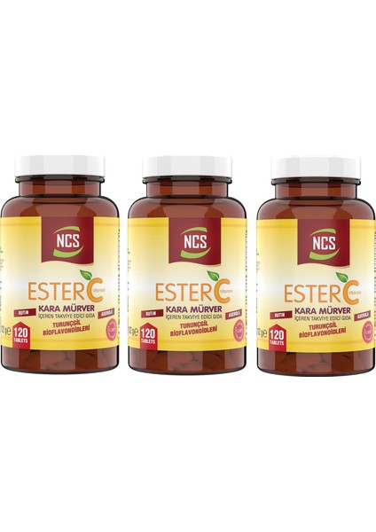 Ester C Vitamini 1000 Mg 120 Tablet Kara Mürver Turunçgil Bioflavonidleri Rutin Aserola 3 Adet