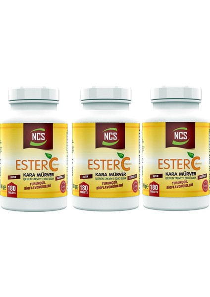 Ester C Vitamini 1000 Mg 180 Tablet Kara Mürver Turunçgil Bioflavonidleri Rutin Aserola 3 Adet