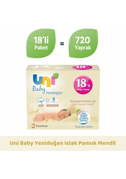 Uni Baby Yenidoğan Islak Pamuk Mendil 18’li 720 Yaprak