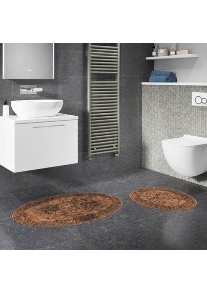 Salina Oval Cotton Makarnalı Yıkanabilir 2'li Paspas Seti Klozet Takımı Eskitme Kahve