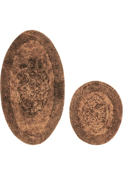 Salina Oval Cotton Makarnalı Yıkanabilir 2'li Paspas Seti Klozet Takımı Eskitme Kahve