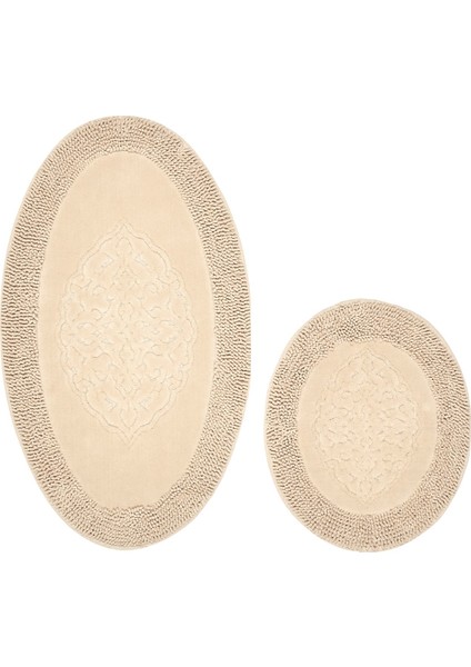 Salina Oval Cotton Makarnalı Yıkanabilir 2'li Paspas Seti Klozet Takımı Vizon