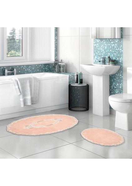 Zümra Lüx Pamuklu Aplikli Oval Banyo Takımı 2'li Set Pudra