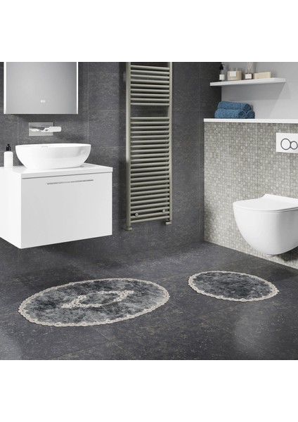 Zümra Lüx Pamuklu Aplikli Oval Banyo Takımı 2'li Set Eskitme Gri