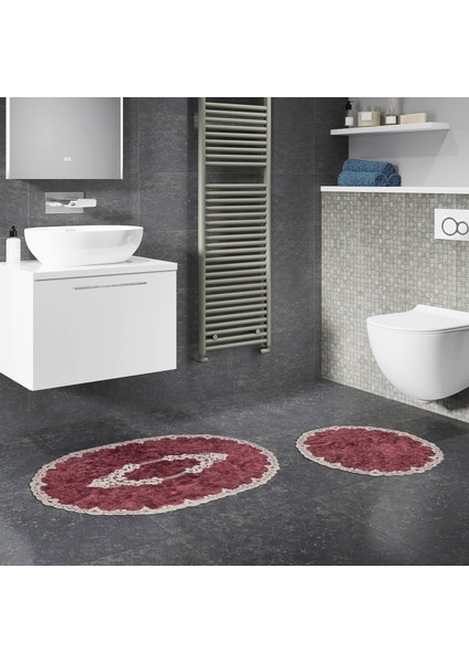 Zümra Lüx Pamuklu Aplikli Oval Banyo Takımı 2'li Set Eskitme Bordo
