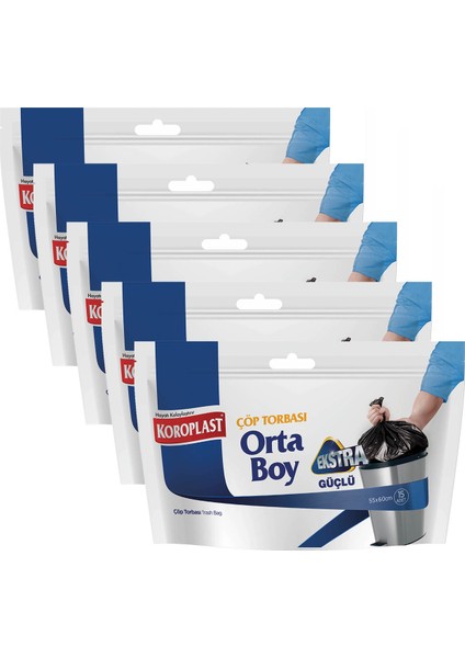 Orta Boy Çöp Torbası Ekstra Güçlü 15 Adet - 5'li