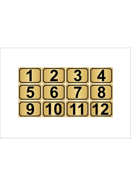 Metal Kapı Masa Dolap Numarası 5 x 7 cm 12'li Dikdörtgen 1-12 Altın