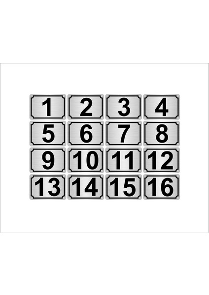 Metal Kapı Masa Dolap Numarası 5 x 7 cm 16'lı Dikdörtgen 1-16 Gümüş