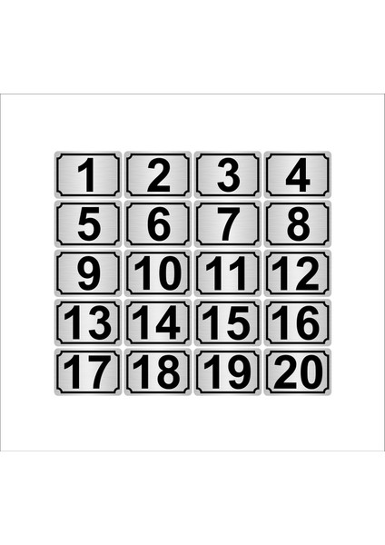 Metal Kapı Masa Dolap Numarası 3,5 x 5 cm 20'li Dikdörtgen 1-20 Gümüş