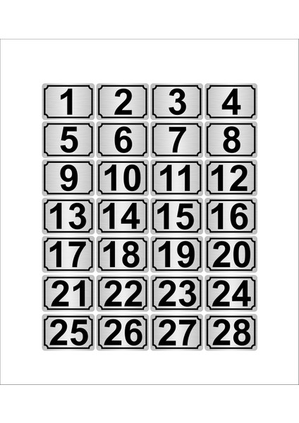 Metal Kapı Masa Dolap Numarası 10 x 15 cm 28'li Dikdörtgen 1-28 Gümüş