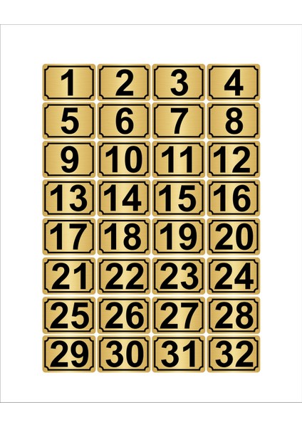 Metal Kapı Masa Dolap Numarası 3,5 x 5 cm Dikdörtgen 32'li 1-32 Altın