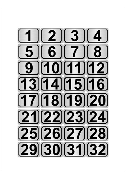 Metal Kapı Masa Dolap Numarası 15 x 20 cm 32'li Dikdörtgen 1-32 Gümüş