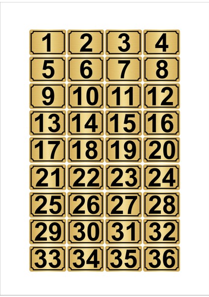 Metal Kapı Masa Dolap Numarası 7 x 10 cm 36'lı Dikdörtgen 1-36 Altın