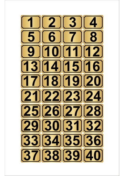 Metal Kapı Masa Dolap Numarası 3,5 x 5 cm Dikdörtgen 40'lı 1-40 Altın