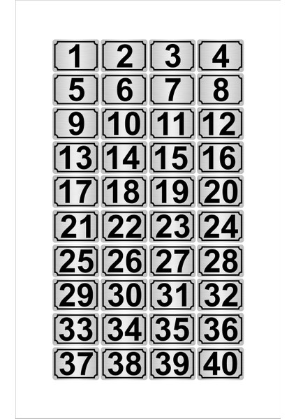 Metal Kapı Masa Dolap Numarası 7 x 10 cm 40'lı Dikdörtgen 1-40 Gümüş