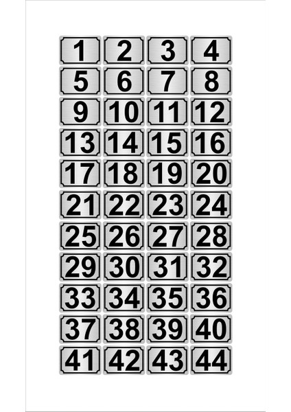 Metal Kapı Masa Dolap Numarası 7 x 10 cm 44'lü Dikdörtgen 1-44 Gümüş