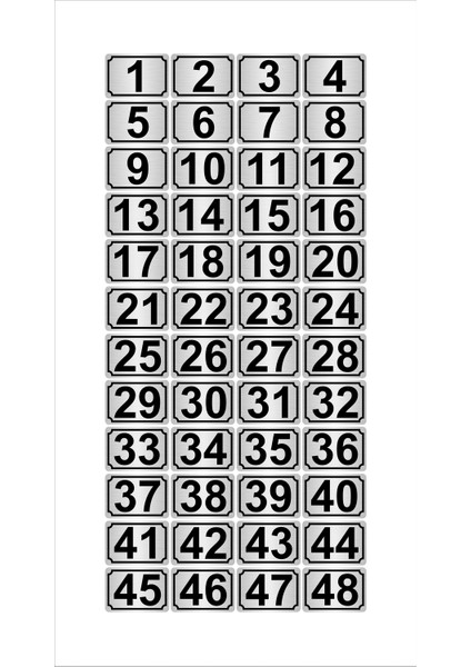 Metal Kapı Masa Dolap Numarası 15 x 20 cm 48'li Dikdörtgen 1-48 Gümüş