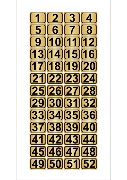 Metal Kapı Masa Dolap Numarası 10 x 15 cm 52'li Dikdörtgen 1-52 Altın