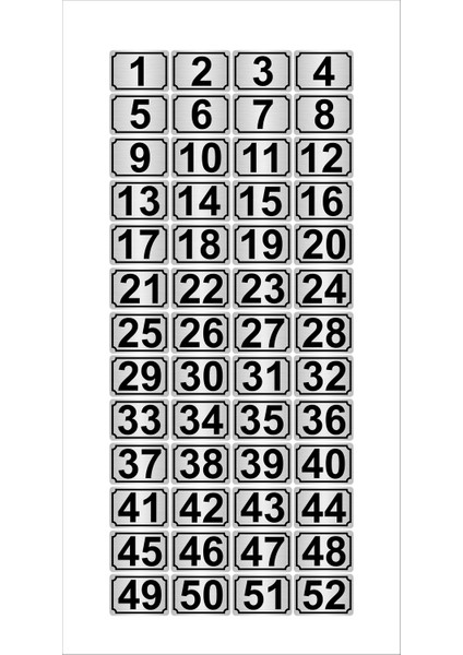 Metal Kapı Masa Dolap Numarası 15 x 20 cm 52'li Dikdörtgen 1-52 Gümüş
